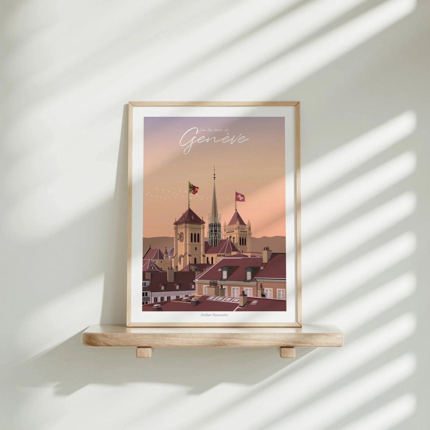 Affiche Genève – Sur les toits avec vue sur la cathédrale Saint-Pierre, illustration artistique Atelier Souvenirs