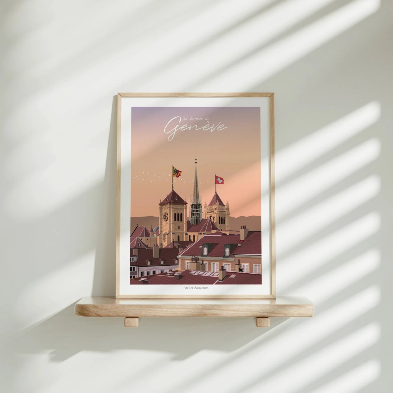 Affiche Genève – Sur les toits avec vue sur la cathédrale Saint-Pierre, illustration artistique Atelier Souvenirs