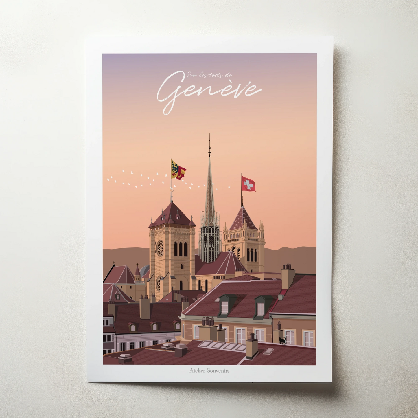 Affiche Genève – Sur les toits avec vue sur la cathédrale Saint-Pierre, illustration artistique Atelier Souvenirs
