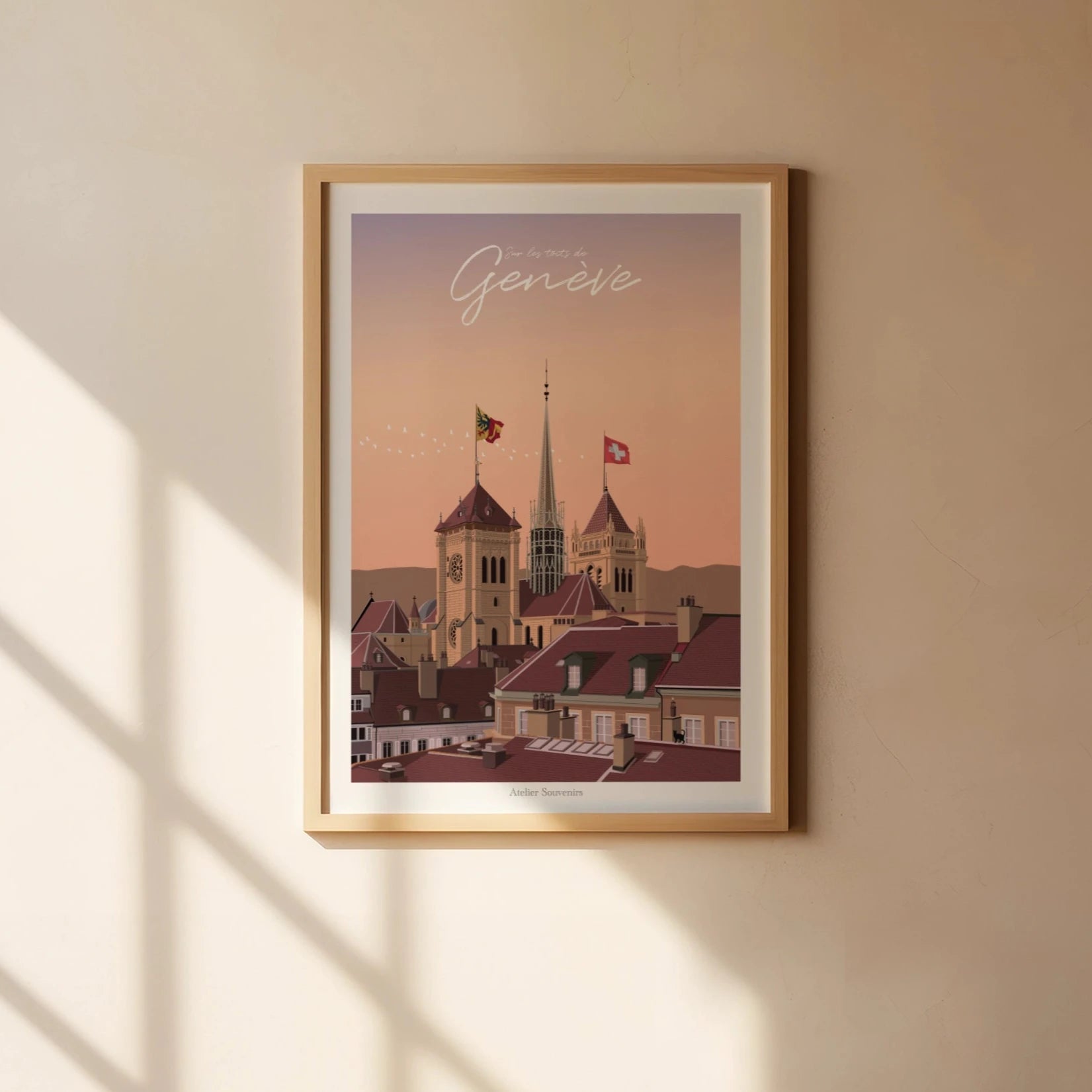 Affiche Genève – Sur les toits avec vue sur la cathédrale Saint-Pierre, illustration artistique Atelier Souvenirs
