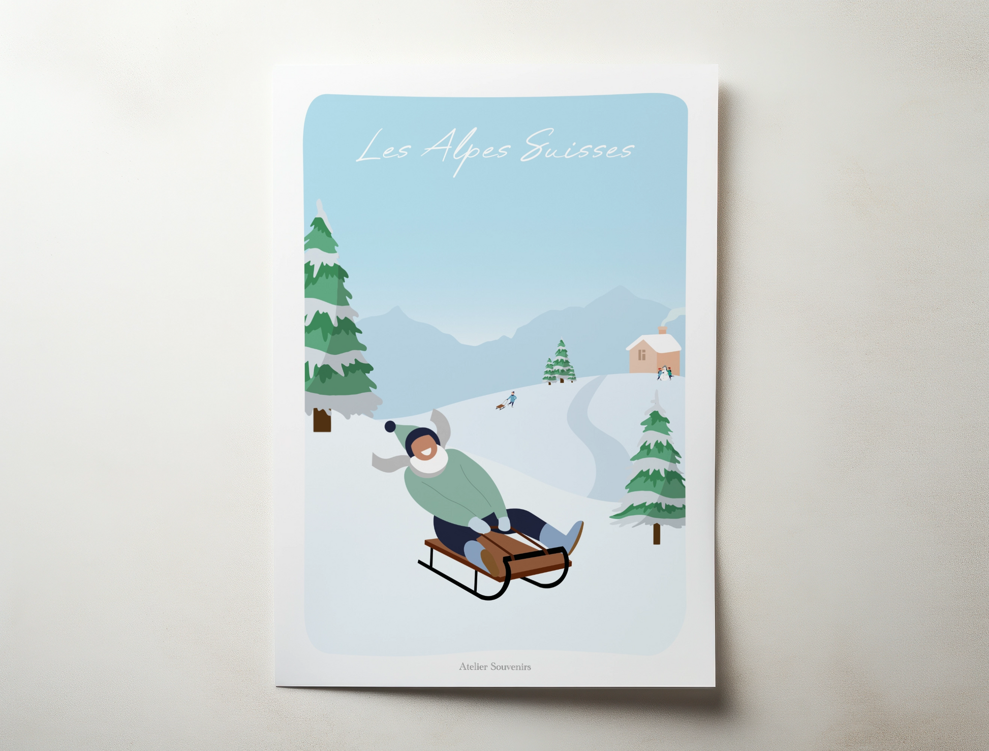 Affiche Les Alpes Suisses - Luge - Atelier Souvenirs